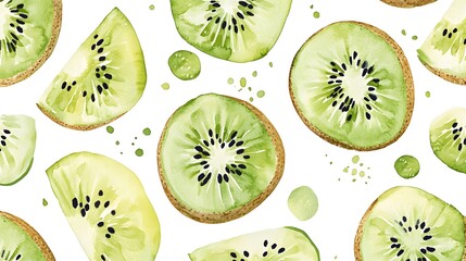 Fototapeta premium Watercolor Painting of Sliced Kiwi Fruit