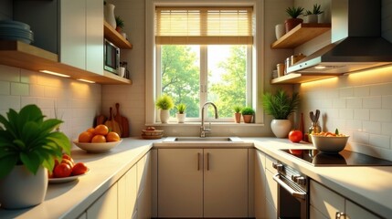 Fototapeta premium Bright Sunlight Illuminates Modern Kitchen Design Featuring Clean Lines and Warm Wood Accents