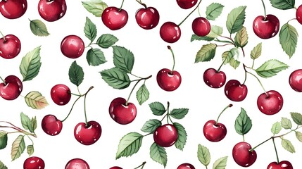 Watercolor illustration of scattered cherries and leaves