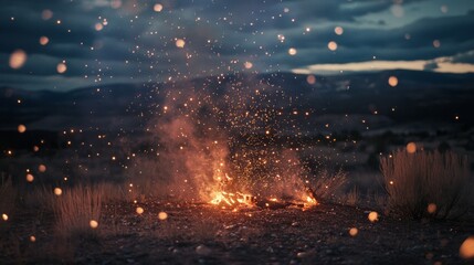 In the twilight wilderness, a vibrant fire crackles, with glowing embers rising under a dramatic sky, evoking warmth amid the cool evening.