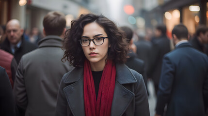 Fototapeta premium Pensive Woman with Curly Hair in Urban Street, Surrounded by Busy Crowd in Soft Focus, Capturing Everyday Life and Urban Culture