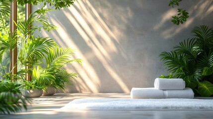 Fototapeta premium Soft white towels neatly stacked on a shelf surrounded by indoor plants in a bright room