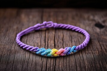 Vibrant rainbow friendship bracelet made of colorful woven threads on rustic wooden surface. Symbol of unity, diversity, and handmade artistry.