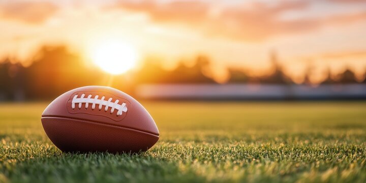 American football resting on a grassy field at sunset with a blurred background. Team sports and anticipation concept.
