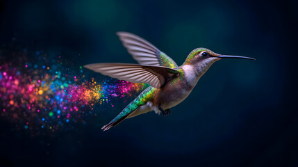 Fototapeta premium Vibrant Hummingbird in Flight With Colorful Trail of Sparkles Against Dark Background