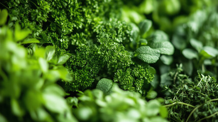 Green Leaves and Herbs Bokeh background. green vegetarian food. healthy food background