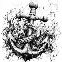 Intricate Black and White Illustration of a Nautical Anchor Surrounded by Splashes and Swirls of Water