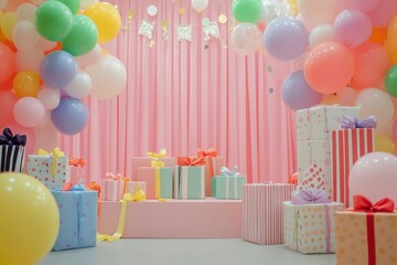 Colorful balloons and gifts create a festive atmosphere for a celebration or party