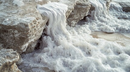 Water cascades over weathered rocks in a dynamic display of nature's power and persistence, highlighting textures and motion.
