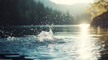 Obraz premium Sunlit water splashes upward from a serene lake, droplets sparkling in the warm glow of the setting sun, capturing a moment of lively beauty.