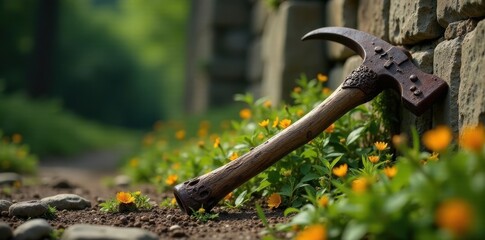 Rustic hand tool resting amidst vibrant wildflowers near a weathered stone wall