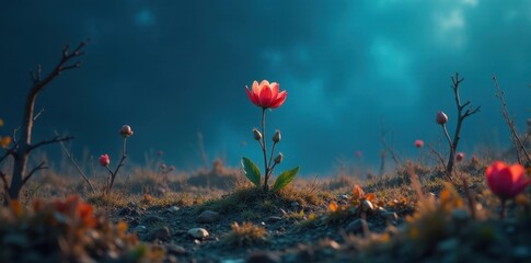 Obraz premium A solitary vibrant bloom thrives amidst a field of dormant flora under a twilight sky