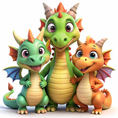 Naklejka premium Adorable 3D Cartoon Dragon Family Clipart for Sublimation