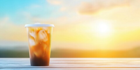 Cold brew coffee in a plastic cup on a wooden table with a golden sunrise in the background. Refreshment and morning energy concept.