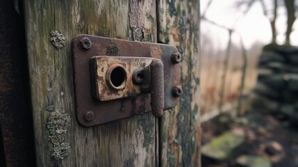 A close-up of a rusty lock on a wooden door, adorned with peeling paint and surrounded by a mossy landscape, exudes a sense of nostalgic abandonment.