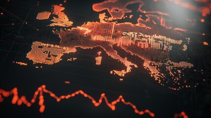 Vibrant Digital Map of Europe with Data Visualization Effects and Abstract Graph Elements