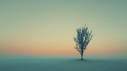 Obraz premium A lone tree stands amidst a vast, tranquil landscape at dawn, framed by soft pastel skies symbolizing solitude and simplicity.