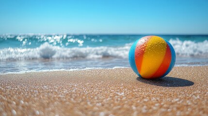 Obraz premium Bright beach ball resting on sandy shore with ocean waves and clouds in the background