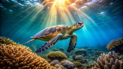 Fototapeta premium Majestic Sea Turtle Swimming Gracefully Through Coral Reefs