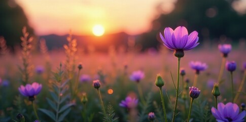 Fototapeta premium Serene Sunset Purple Blooms in a Field of Soft Light and Gentle Breezes