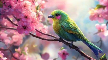 Colorful bird on cherry blossom branch