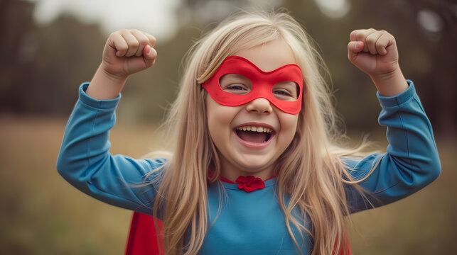 Joyful child dressed as superhero celebrating outdoors with bright smile and raised fists against natural background