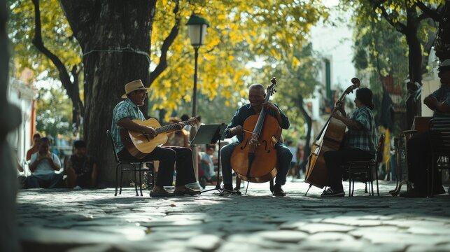 Beneath sun-dappled trees, an impromptu street performance fills the air with harmony and rhythm, connecting musicians and bystanders in shared musical joy.