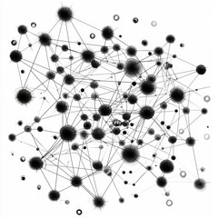 Abstract black and white network diagram with spherical nodes and connecting lines representing data flow and connectivity concepts