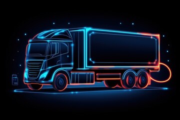 Futuristic electric truck illustration in glowing neon blue and red lines on a dark background. Modern concept of sustainable transport.