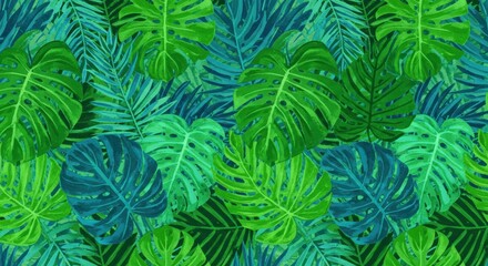 Seamless pattern of tropical leaves in vibrant greens and blues ideal for summer themes