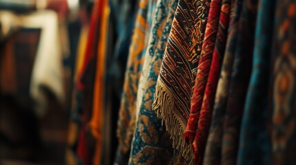 An array of colorful, intricately patterned textiles hangs, inviting exploration of cultural artistry and craftsmanship.