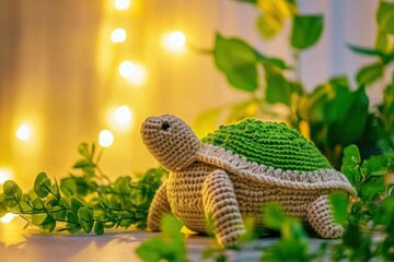 A crochet plant cozy shaped like a turtle, placed on a desk with vibrant greenery and soft lighting.
