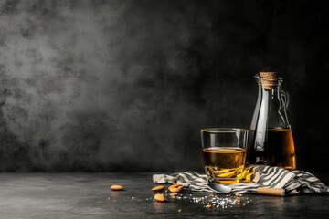 Whiskey glass bottle with almonds on dark background