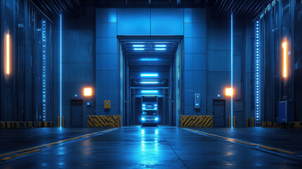 A modern truck with blue neon lights is parked at the entrance of a futuristic high-tech warehouse with glowing signage and industrial details.