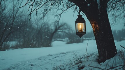Snow falls gently around a solitary lantern hanging from a tree, casting a warm glow in a tranquil winter scene.