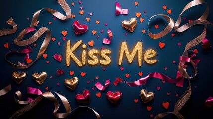 Fototapeta premium Romantic Kiss Me Setup with Glowing Hearts and Ribbons for Celebration Background or Event Decoration