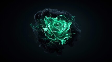 Ethereal Green Rose Glowing in Dark with Abstract Swirling Elements and Contrasting Tones