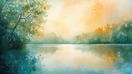 Serene Lakeside Sunset Watercolor Painting.
