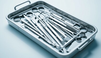 a minimalist photo of an open surgical instrument tray highlighting the importance of cleanliness and organization