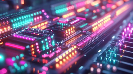 Obraz premium Abstract close-up of illuminated circuit board with colorful lights creating a futuristic technology background