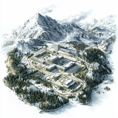 Aerial View of a Snowy Mountain Complex Surrounded by Scenic Forests and Peaks