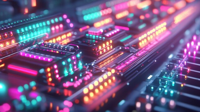 Abstract close-up of illuminated circuit board with colorful lights creating a futuristic technology background
