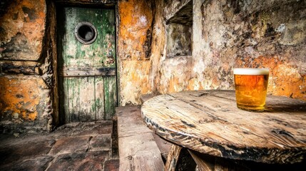 A Pint in a Rustic Tavern: A Glass of Beer on a Weathered Wooden Table in an Ancient Stone Room
