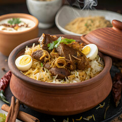 Serving of Mutton Biryani in Clay Pot with Garnish"