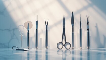 a modern sleek setup of surgical tools highlighted by ambient lighting and subtle shadow interplay