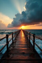 Obraz premium Ocean pier at sunrise, dramatic cloudscape reflecting on wet wooden planks, peaceful and serene atmosphere
