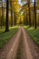 Obraz premium arafed dirt road in a forest with trees and grass