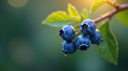 Close-up of plump blueberries glistening with morning dew on a vibrant green bush, bathed in soft sunlight