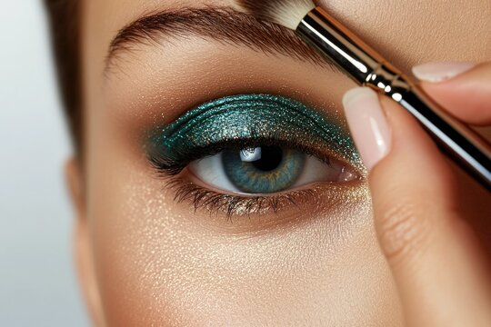 Close-up of a woman's eye with teal glitter eyeshadow being applied with a brush.
