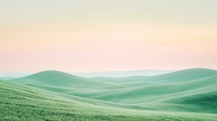 Rolling hills bathed in a soft pastel hue stretch into the horizon, offering a tranquil and dreamlike landscape filled with calm and boundless beauty.